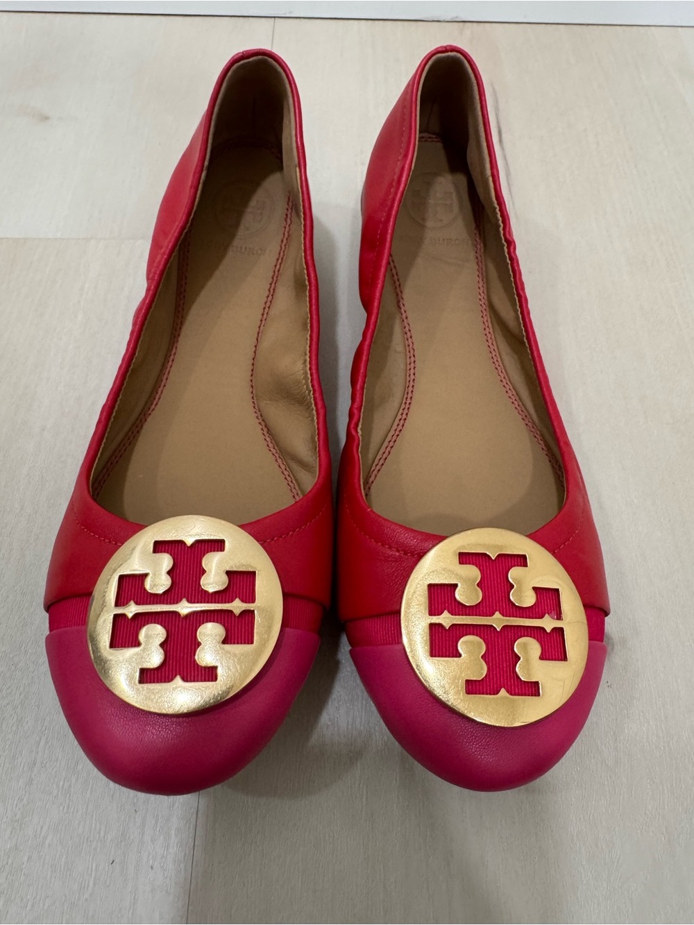 Tory Burch Minnie Cap-Toe Ballet Flat Red Pink Women's 6 Colorblock Preppy